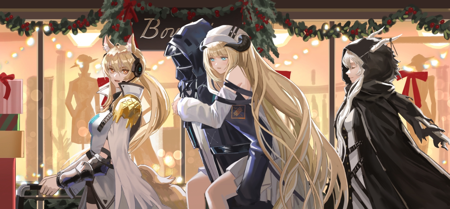 animal_ears, aqua_eyes, arknights, blonde_hair, brown_eyes, christmas, doctor_(arknights), gray_hair