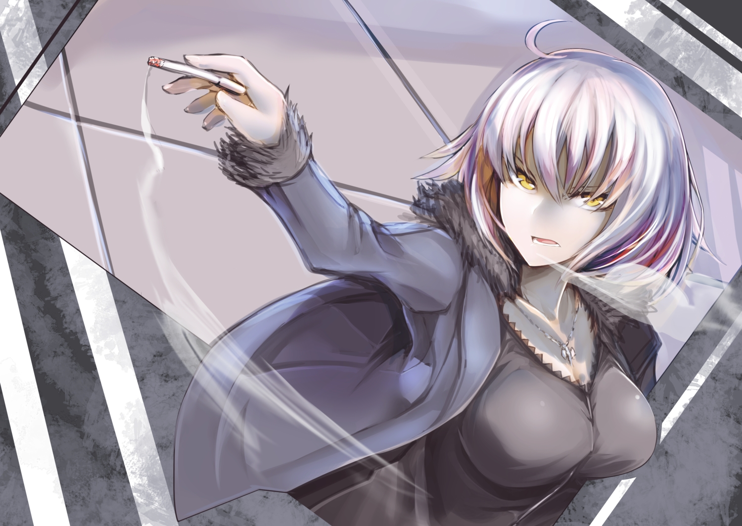 breasts, cigarette, cleavage, fate/grand_order, fate_(series), gray_hair, hood, jeanne_d'arc_alter