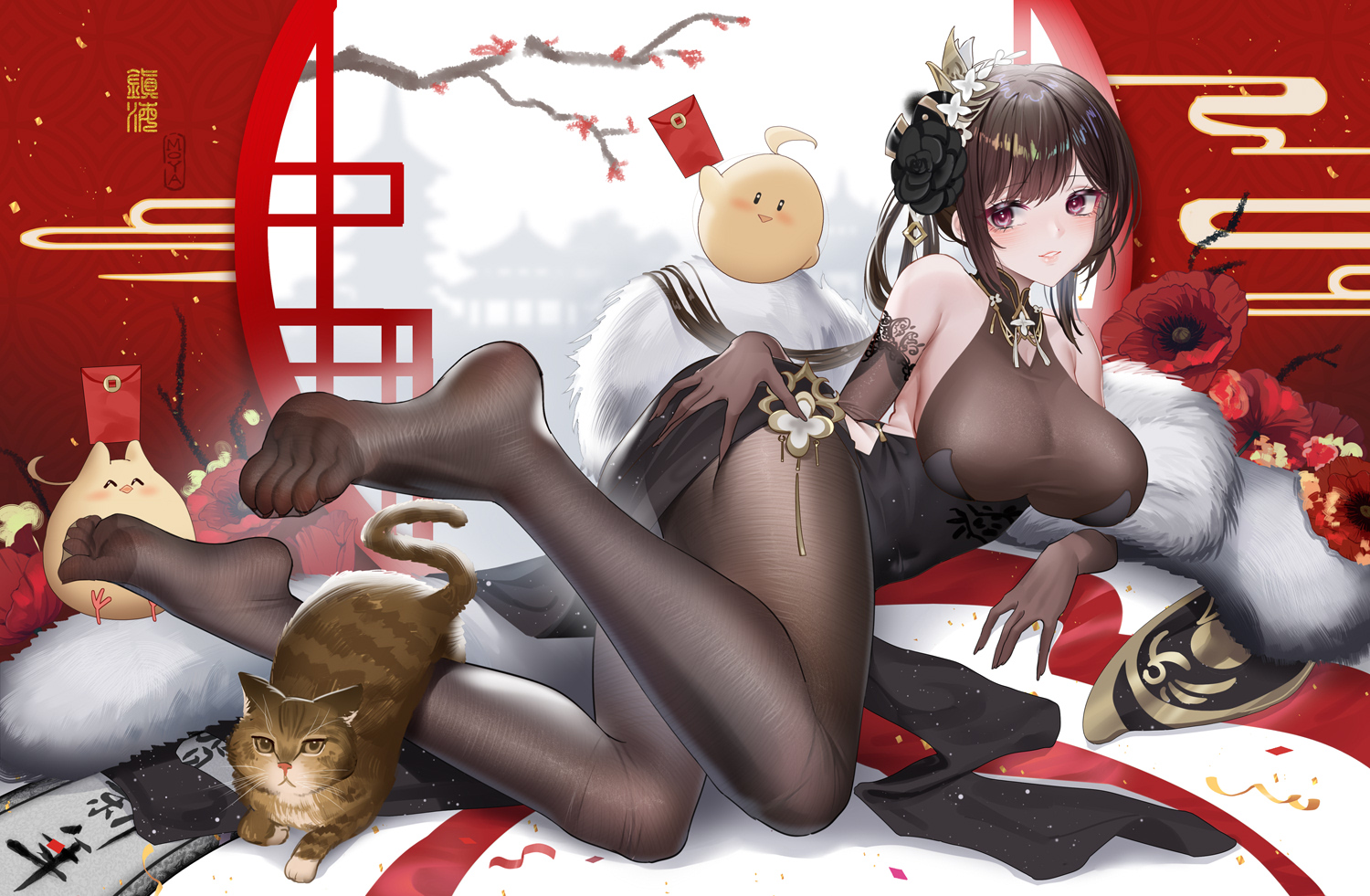 animal, anthropomorphism, azur_lane, bird, blush, breasts, brown_hair, cat