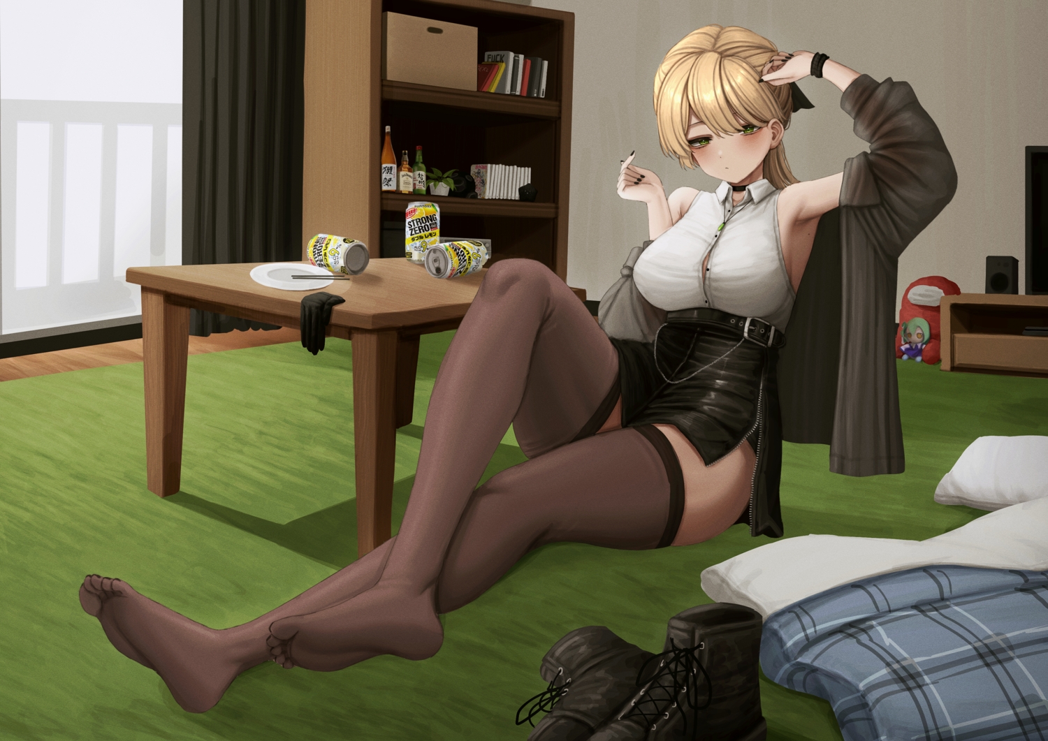 3d, among_us, bed, blonde_hair, book, boots, breasts, choker, crewmate_(among_us), doll, drink, gloves, green_eyes, kochiya_sanae, lobsteranian, long_hair, necklace, original, ponytail, shirt, skintight, skirt, thighhighs, touhou, wristwear