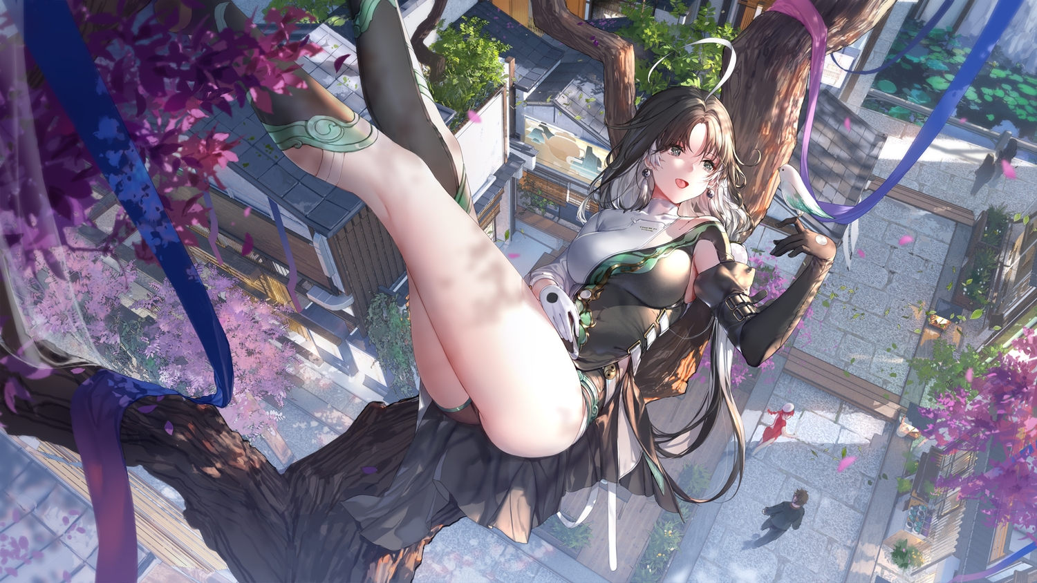 animal, bird, black_eyes, black_hair, building, elbow_gloves, flowers, gloves