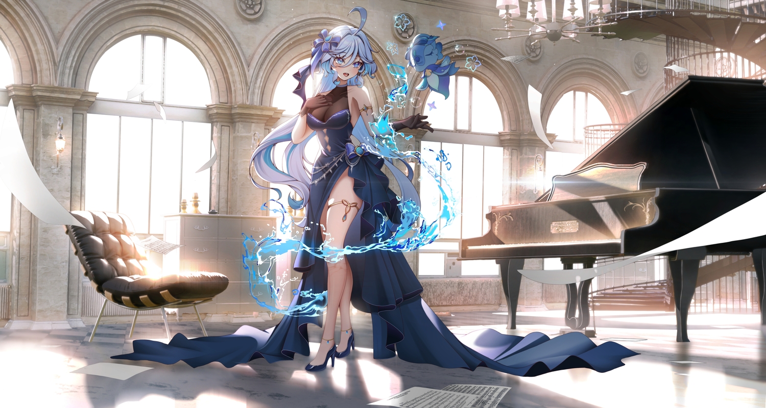 3d, bicolored_eyes, blue_eyes, breast_hold, breasts, cleavage, furina_(genshin_impact), garter
