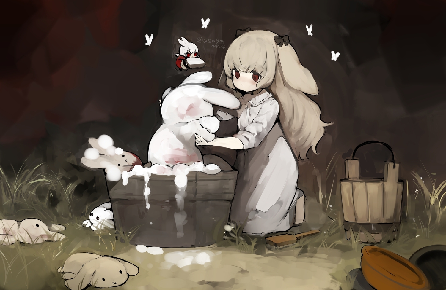 animal_ears, barefoot, blood, bow, brown_hair, bunny, bunny_ears, bunnygirl, chibi, dress, fairy, grass, long_hair, original, red_eyes, shirokujira, short_hair, signed, white_hair