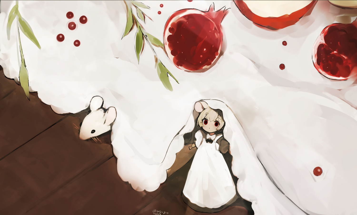 animal, animal_ears, apron, dress, food, fruit, gray_hair, maid