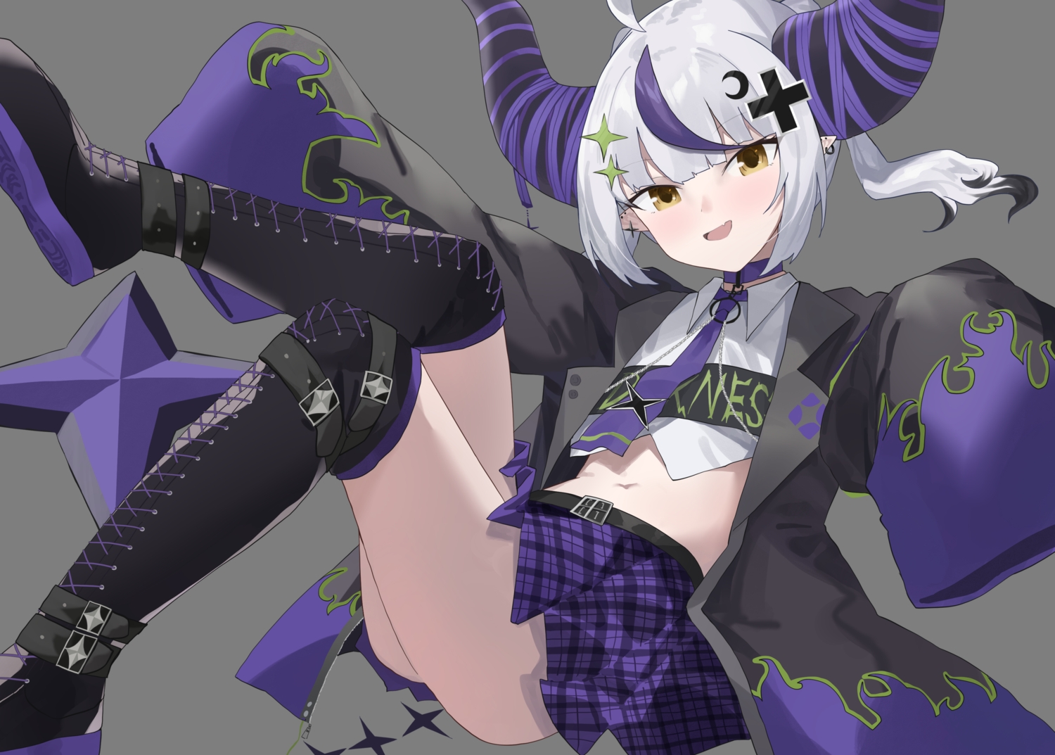 boots, collar, demon, evening_rabbit, fang, gray_hair, hololive, horns