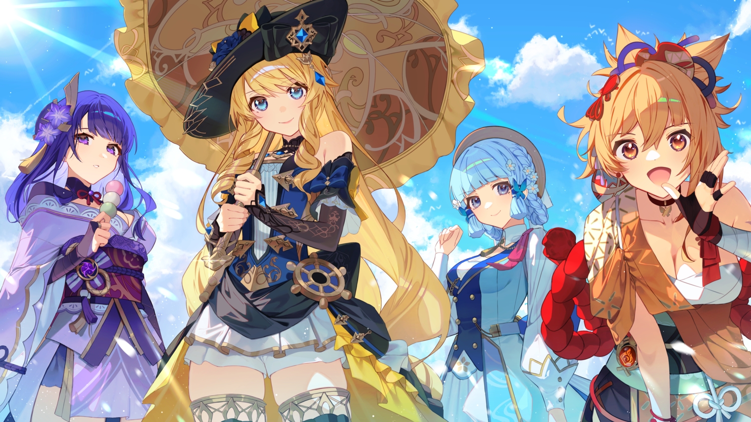 aqua_eyes, blonde_hair, blue_eyes, blue_hair, braids, breasts, brown_eyes, cleavage