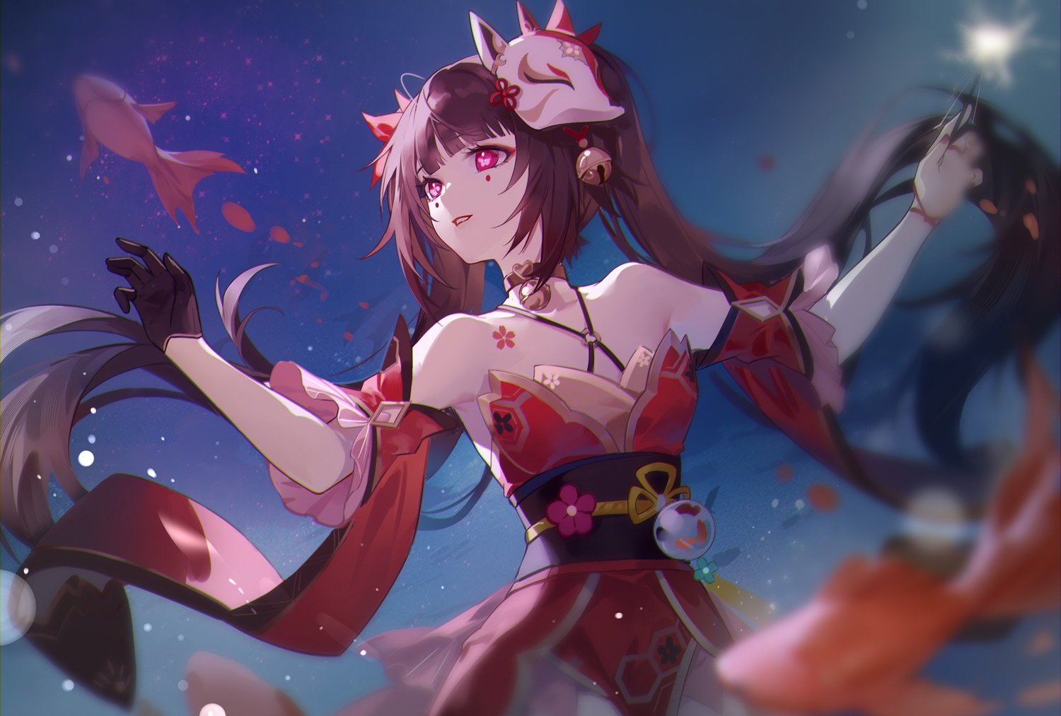 animal, bell, brown_hair, collar, dress, fireworks, fish, gloves, honkai_(series), honkai:_star_rail, japanese_clothes, long_hair, mask, night, purple_eyes, sparkle_(honkai:_star_rail), tattoo, twintails, woodylixx