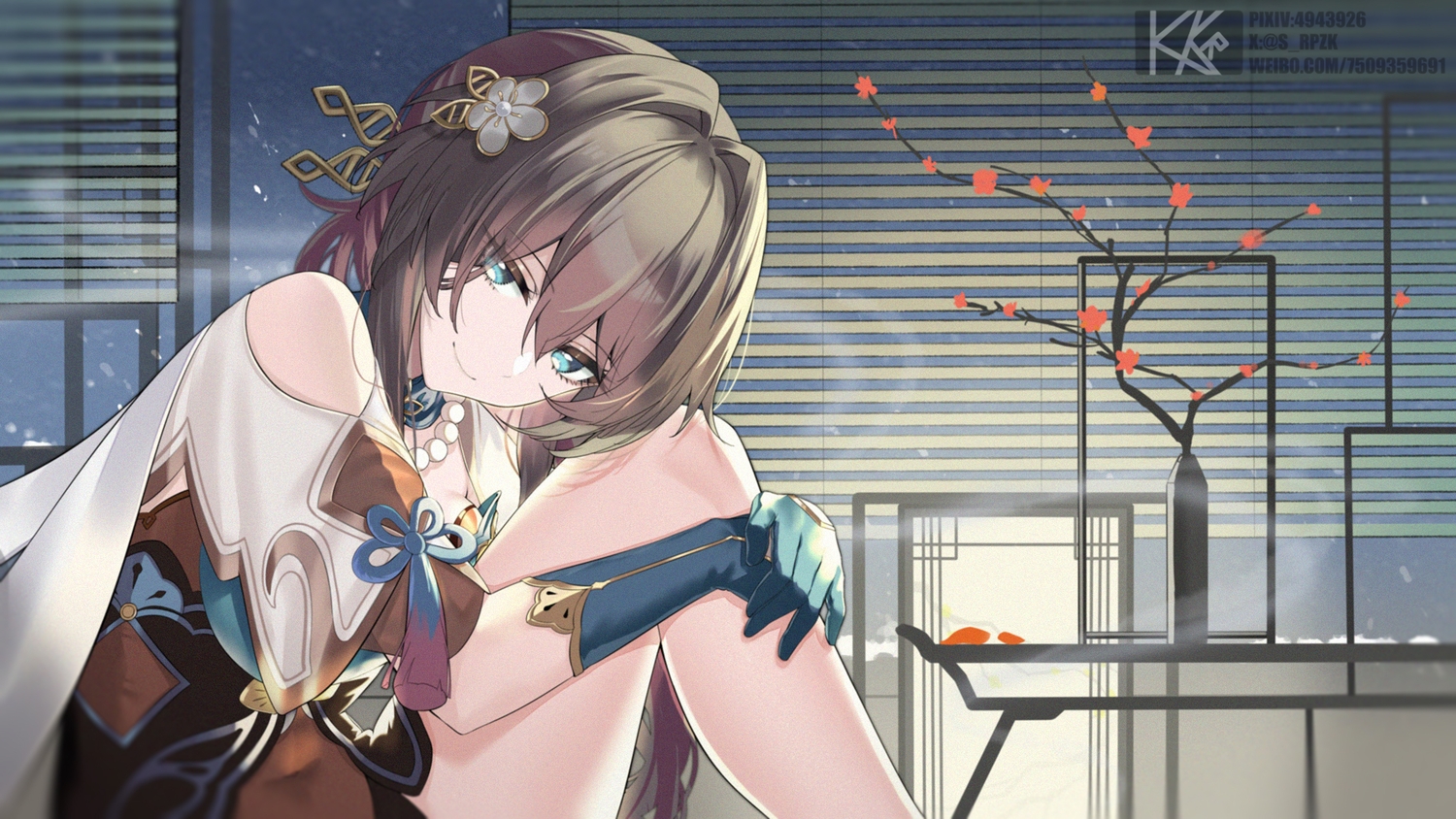 aqua_eyes, brown_hair, chinese_clothes, dress, elbow_gloves, flowers, gloves, honkai_(series)