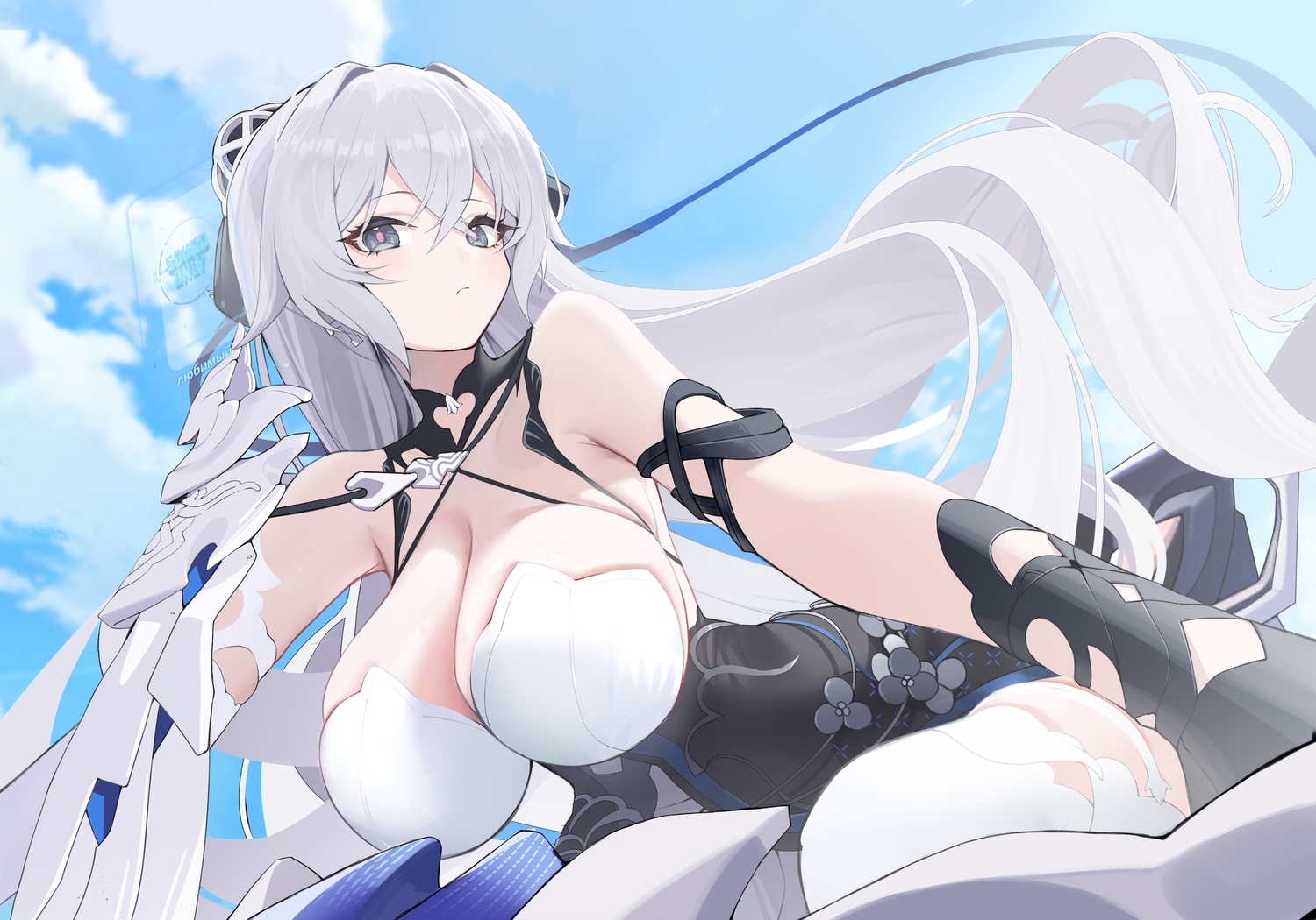 bronya_zaychik, clouds, gray_eyes, gray_hair, honkai_impact, honkai_(series), long_hair, no_bra, sky, thighhighs, xiujia_yihuizi