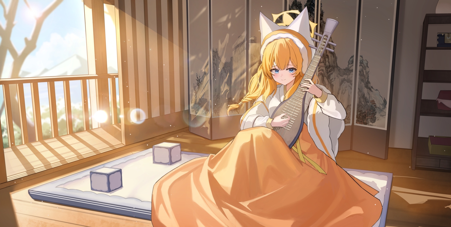 animal_ears, blue_archive, blue_eyes, blush, catgirl, halo, hat, instrument