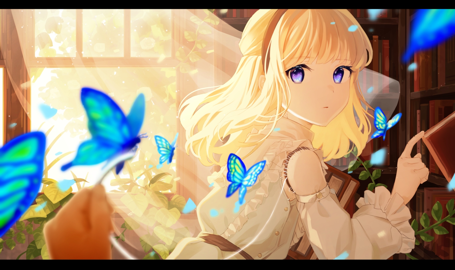 blonde_hair, book, butterfly, close, dress, headband, leaves, long_hair, mkt_ocha, original, purple_eyes