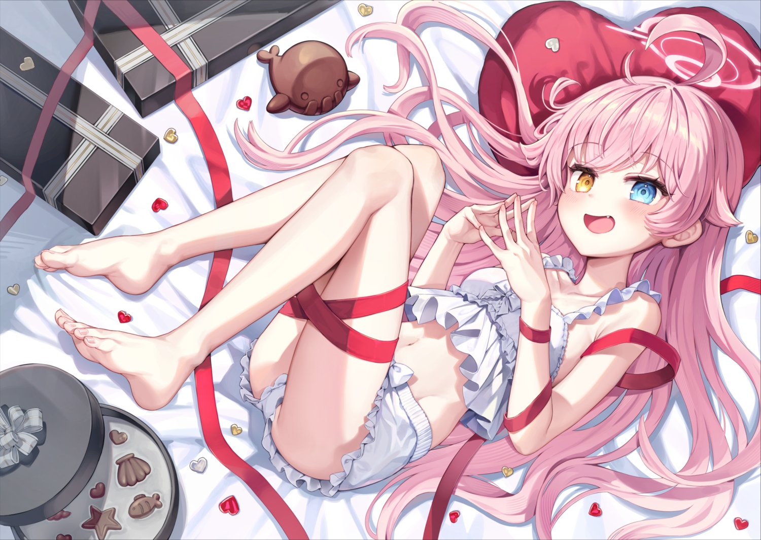 barefoot, bicolored_eyes, blue_archive, blush, bow, candy, chocolate, fang, food, halo, heart, long_hair, mono_(mono_mon), navel, pajamas, pink_hair, ribbons, shorts, takanashi_hoshino, valentine