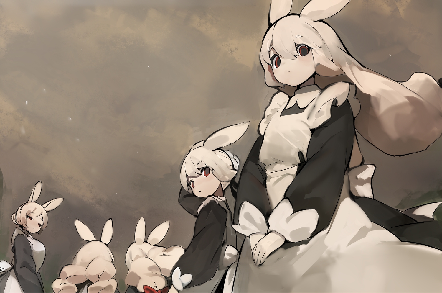 animal_ears, apron, bow, bunny_ears, bunnygirl, close, clouds, group, long_hair, maid, original, polychromatic, red_eyes, shirokujira, short_hair, sky, twintails