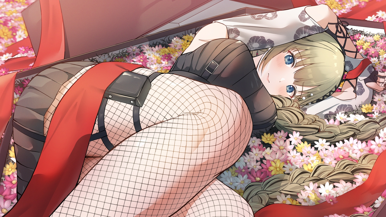 blue_eyes, blush, braids, breasts, flowers, garter, gloves, green_hair, hanabusa_lisa, hyon_2525, long_hair, skirt, vspo!