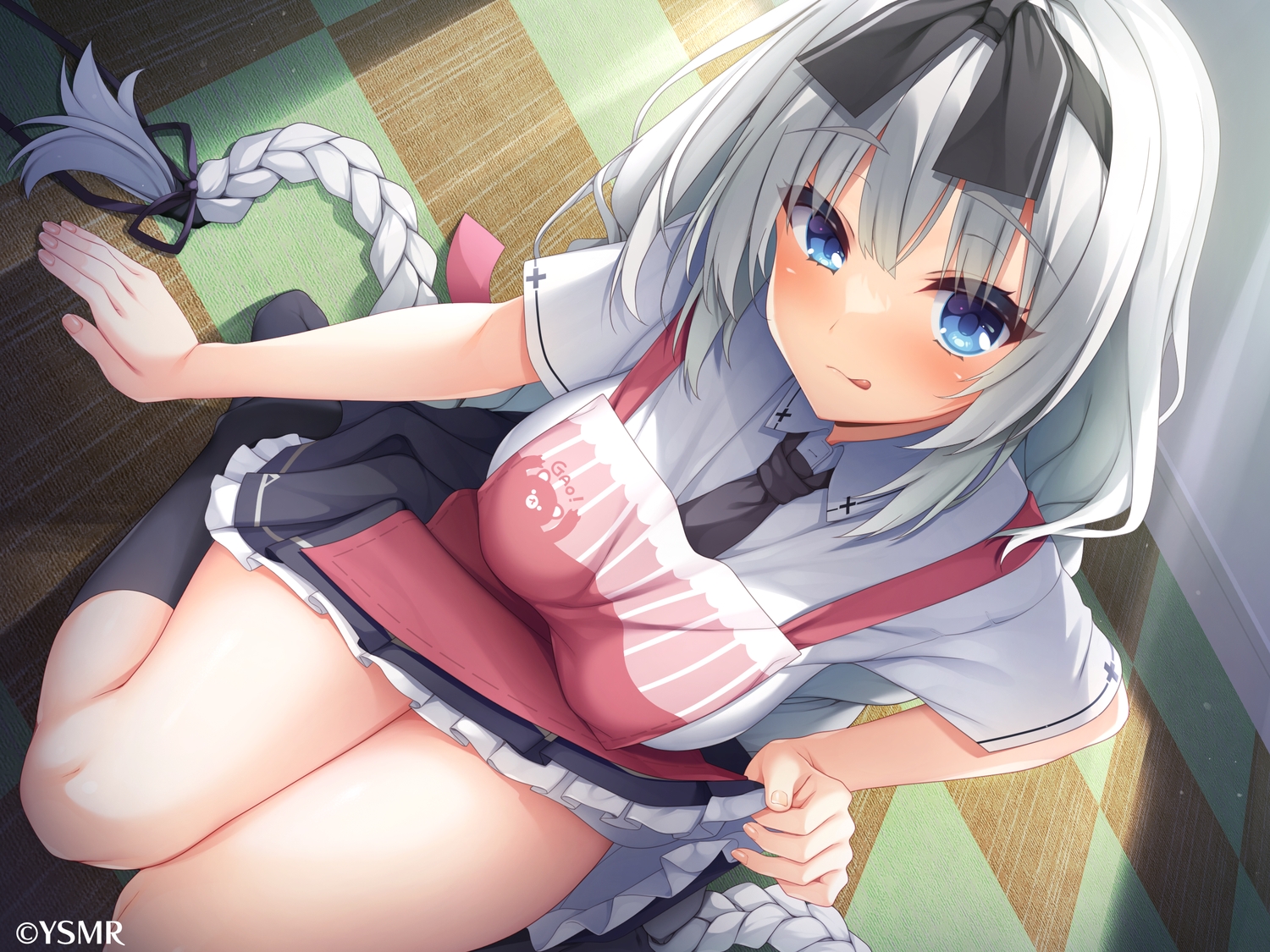 apron, blue_eyes, blush, braids, gray_hair, headband, hokkana, kneehighs