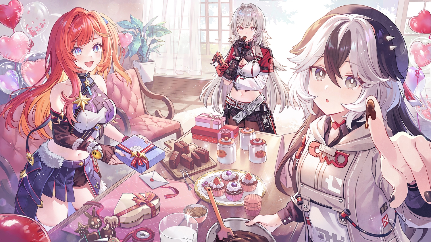 aqua_eyes, black_hair, breasts, cake, chocolate, choker, cleavage, close, coralie_(honkai_impact), drink, elbow_gloves, food, fruit, gloves, gray_eyes, gray_hair, helia_(honkai_impact), honkai_impact, honkai_(series), hood, lino_chang, long_hair, navel, pantyhose, purple_eyes, red_hair, senadina_(honkai_impact), shorts, stockings, strawberry, tree, valentine, zettai_ryouiki
