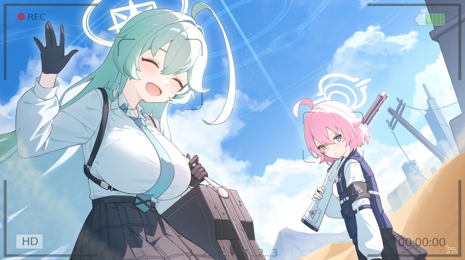 2girls, aqua_hair, bicolored_eyes, blue_archive, blush, breasts, building, camera
