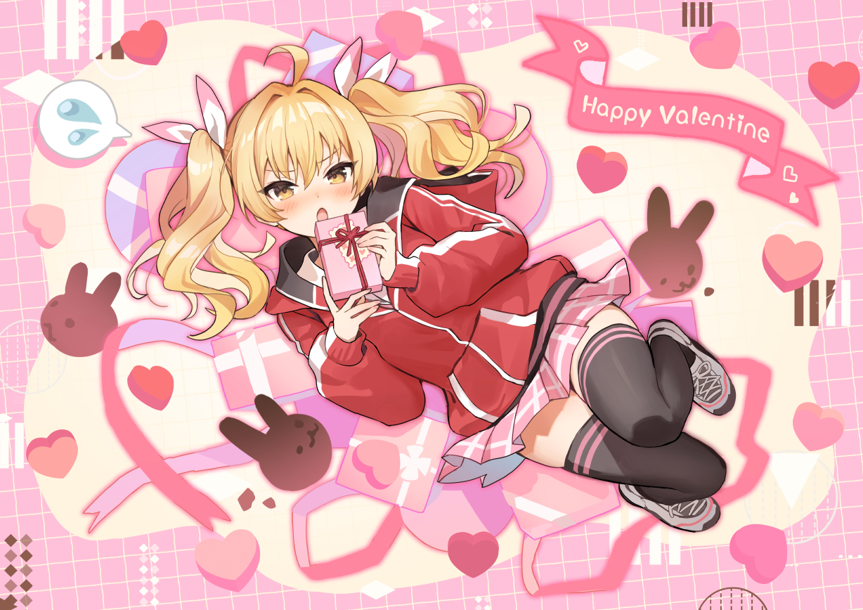 blonde_hair, blue_archive, blush, candy, chocolate, heart, hood, ibaragi_yoshimi