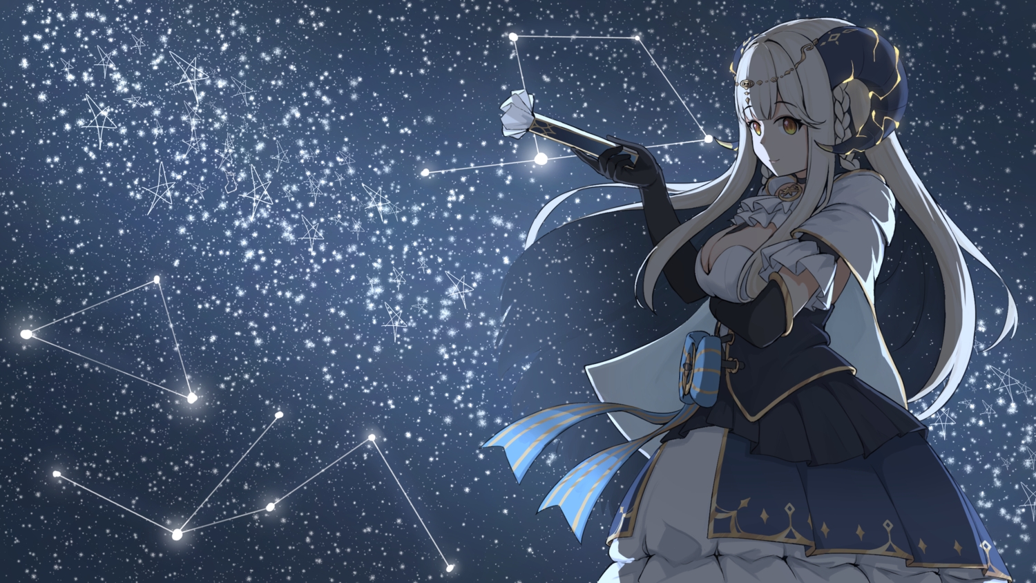 braids, breast_hold, breasts, brown_eyes, choker, ciyana, cleavage, dress, elbow_gloves, gloves, horns, long_hair, nabe-san, space, stars, white_hair