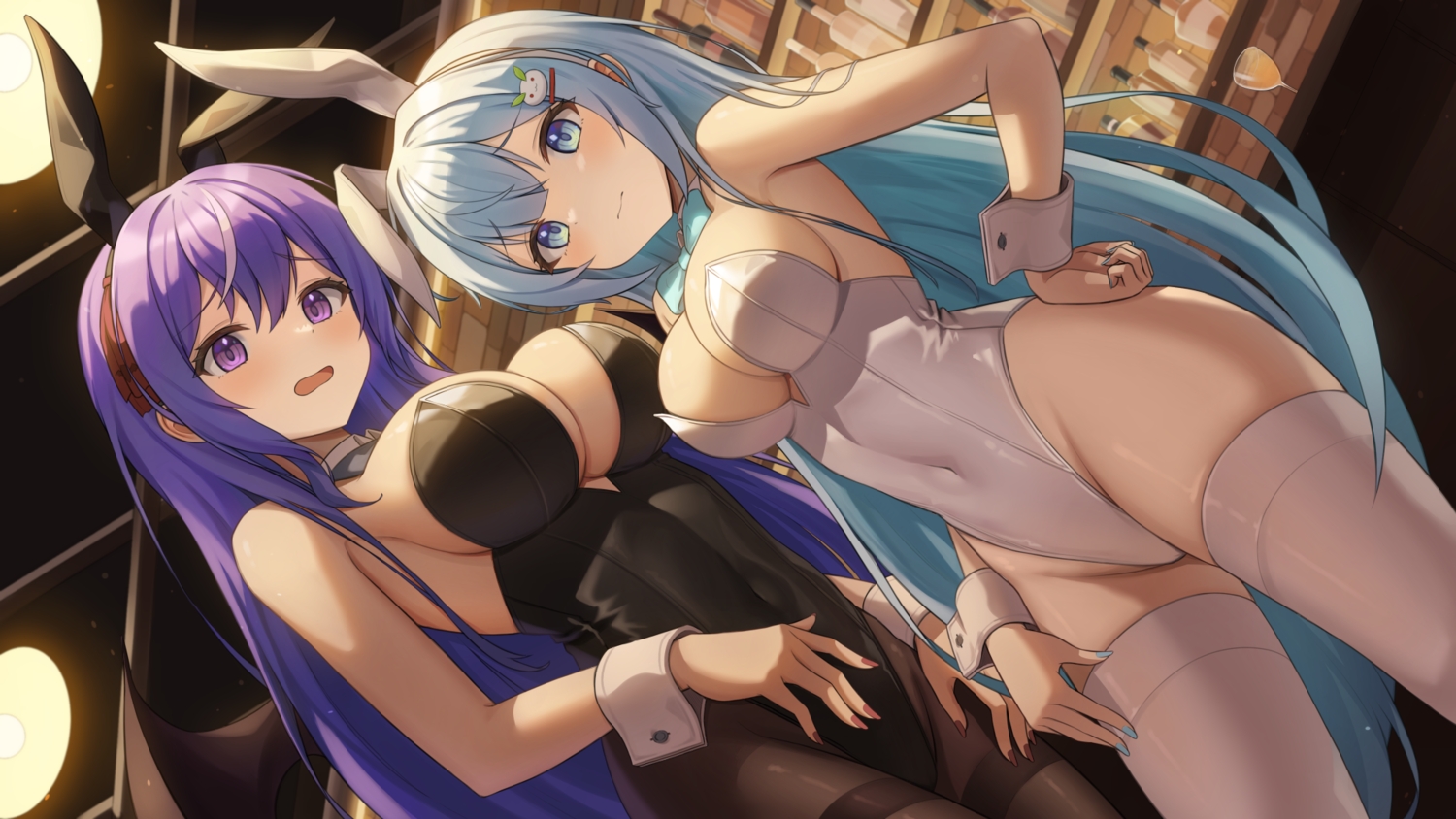 2girls, animal_ears, blue_eyes, blue_hair, blush, breasts, bunny_ears, bunnygirl, cleavage, drink, halko_(halonakoma9), headband, h.live, kefilia_neil, leotard, luna_neige, pantyhose, purple_eyes, purple_hair, thighhighs, wristwear