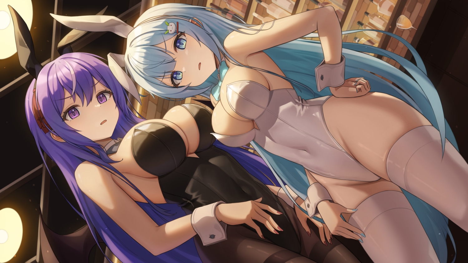 2girls, animal_ears, blue_eyes, blue_hair, blush, breasts, bunny_ears, bunnygirl, cleavage, drink, halko_(halonakoma9), headband, h.live, kefilia_neil, leotard, luna_neige, pantyhose, purple_eyes, purple_hair, thighhighs, wristwear