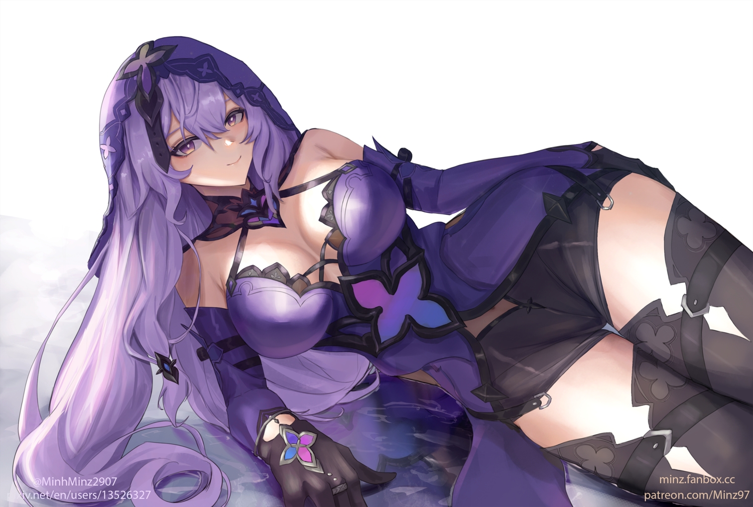 black_swan_(honkai:_star_rail), breasts, elbow_gloves, garter, gloves, headdress, honkai_(series), honkai:_star_rail, long_hair, minz_(minh_nguyen), navel, purple_eyes, reflection, shorts, thighhighs, watermark, white, wristwear, zettai_ryouiki