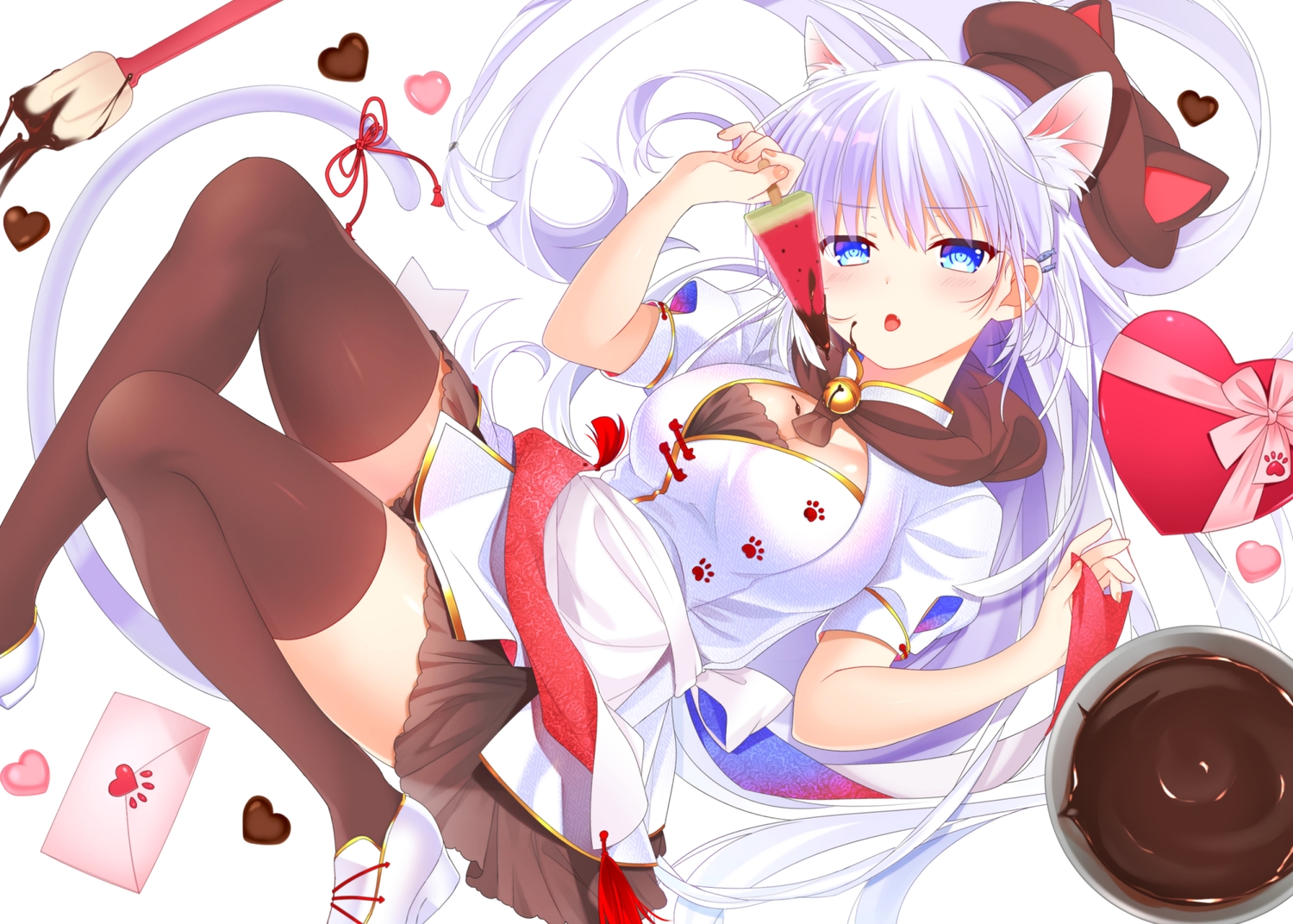animal_ears, aqua_eyes, bell, bow, breasts, candy, catgirl, chinese_clothes