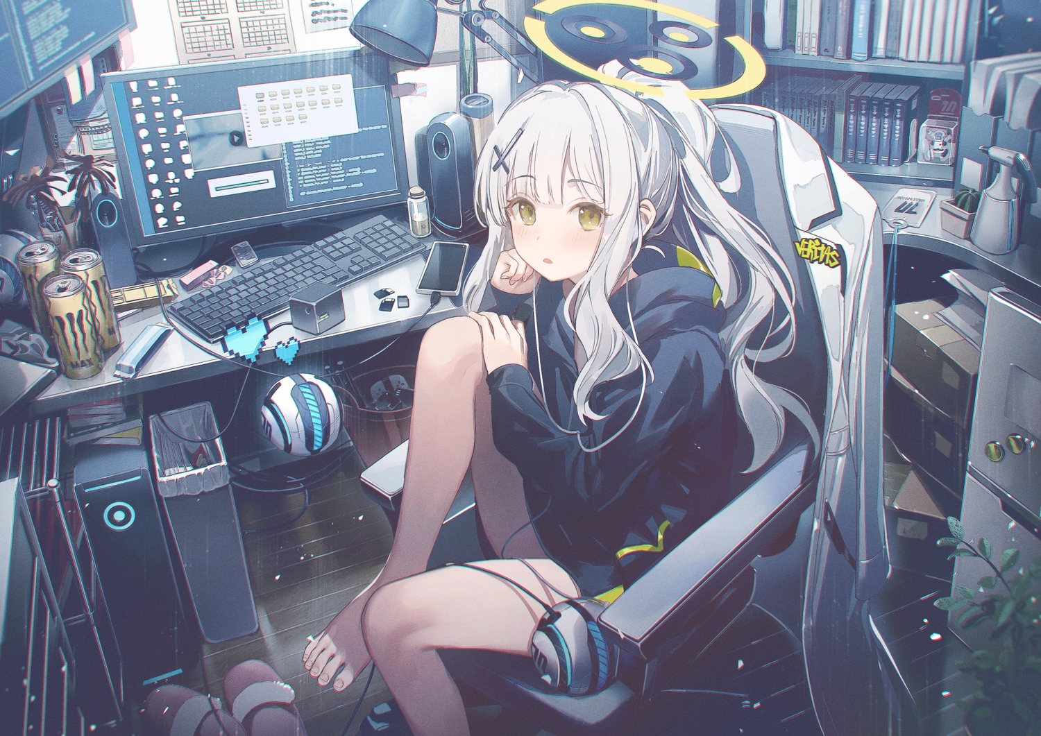 barefoot, blue_archive, blush, book, computer, drink, food, gray_hair, green_eyes, halo, hood, kaerunoko, long_hair, omagari_hare, phone, ponytail, robot