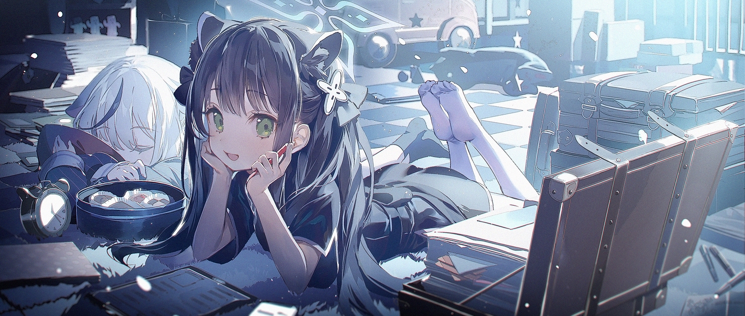 2girls, animal_ears, black_hair, blue_archive, blush, catgirl, chinese_clothes, chinese_dress