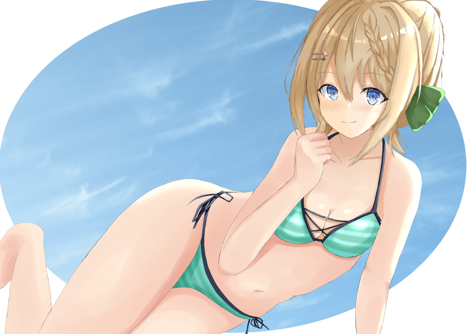 anthropomorphism, bikini, blonde_hair, blue_eyes, bow, braids, breasts, cleavage
