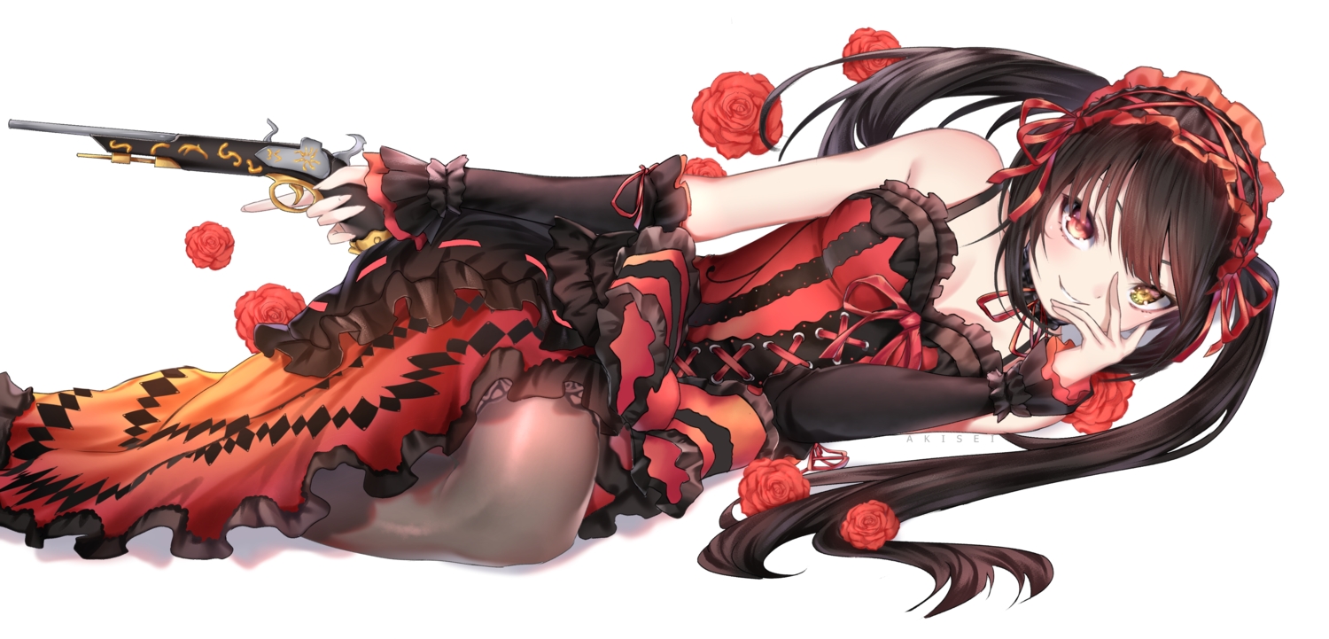 akiseiyokito_214, bicolored_eyes, black_hair, breasts, choker, date_a_live, flowers, goth-loli, gun, headdress, lolita_fashion, long_hair, pantyhose, ribbons, signed, tokisaki_kurumi, twintails, weapon, white
