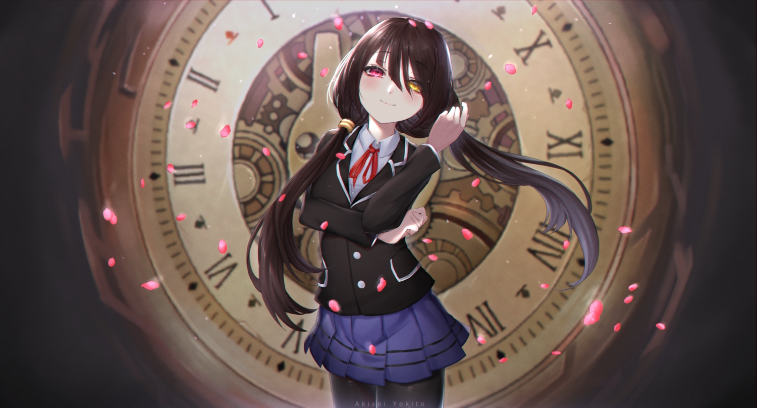 akiseiyokito_214, bicolored_eyes, black_hair, date_a_live, long_hair, pantyhose, petals, school_uniform, shirt, skirt, tokisaki_kurumi, twintails, watermark