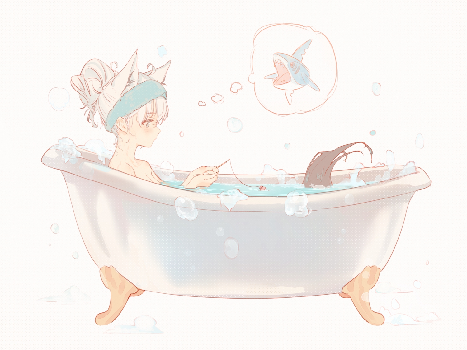 animal_ears, bath, bathtub, blush, breasts, bubbles, foxgirl, gray_hair