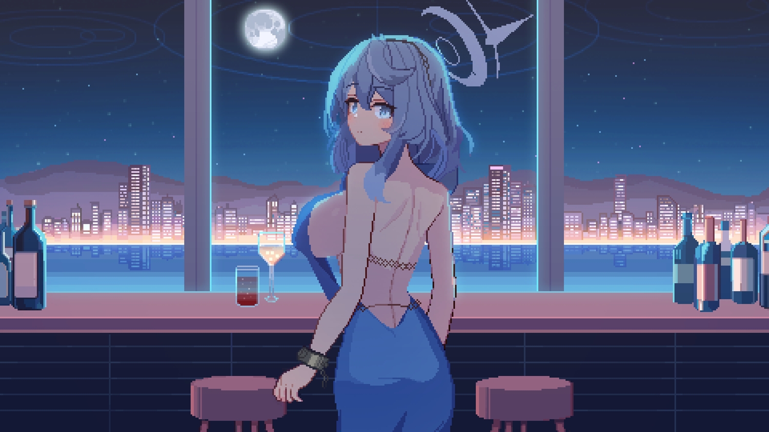 amau_ako, blue_archive, blue_eyes, blue_hair, blush, breasts, building, city, drink, halo, moon, night, no_bra, reflection, shackles, sideboob, sky, stars, tinia_etru, water, wristwear