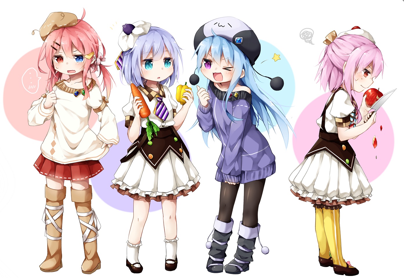 apple, aqua_eyes, bicolored_eyes, blue_hair, blush, boots, cat_smile, dress