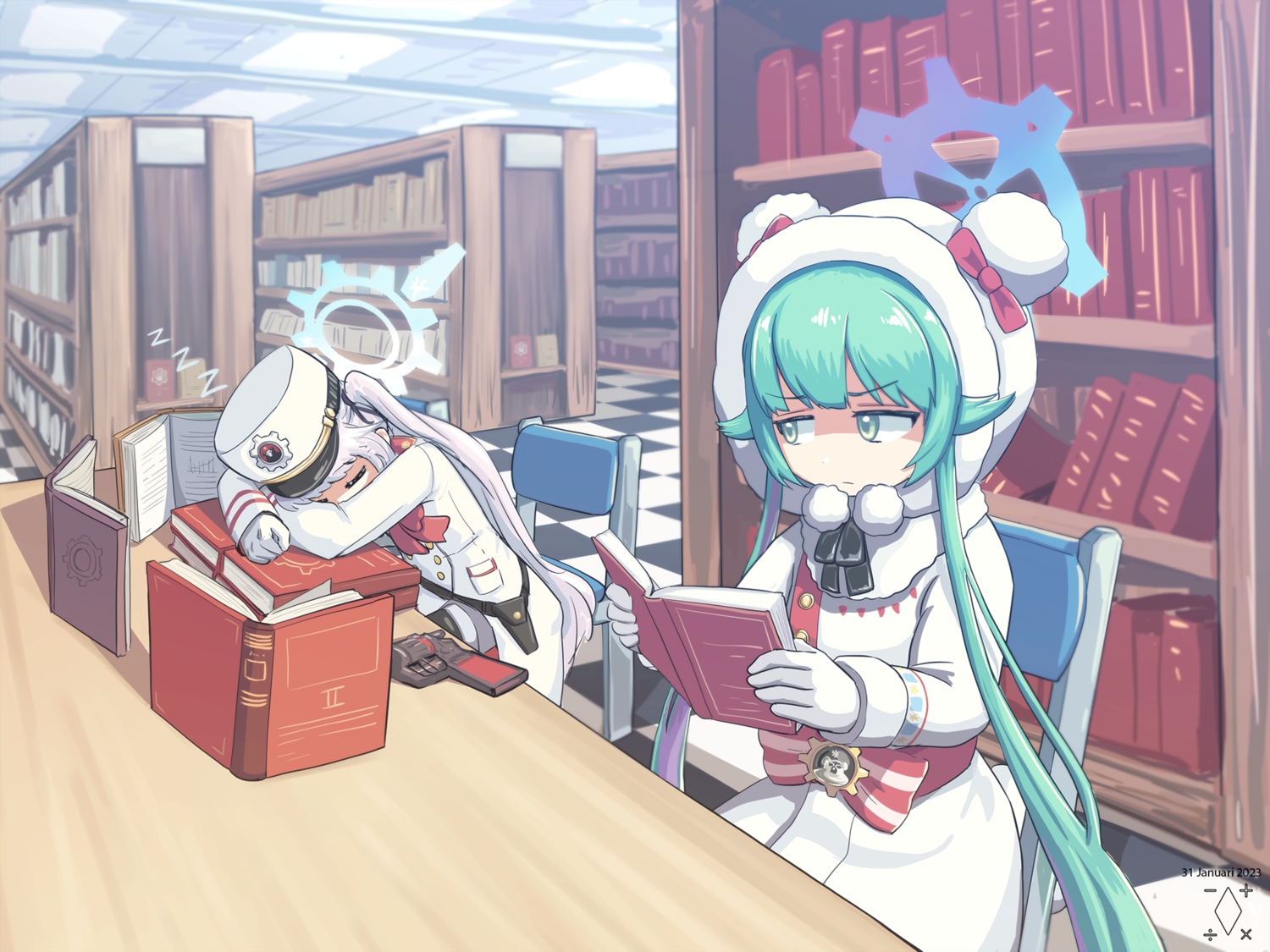 2girls, akiizumi_momiji, blue_archive, book, bow, digiral, flat_chest, gloves, green_eyes, green_hair, gun, halo, hat, hood, loli, long_hair, military, pantyhose, renkawa_cherino, ribbons, shorts, sleeping, twintails, uniform, watermark, weapon