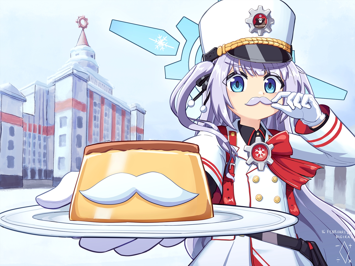 aqua_eyes, blue_archive, bow, building, close, digiral, food, gloves, gray_hair, halo, hat, loli, long_hair, military, renkawa_cherino, ribbons, signed, sky, snow, twintails, uniform, winter