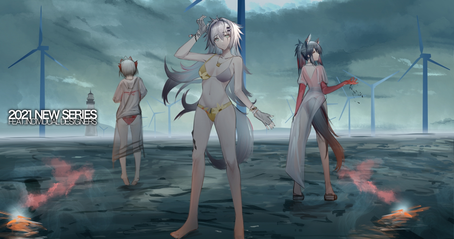 animal_ears, arknights, ass, barefoot, bikini, black_hair, breasts, clouds