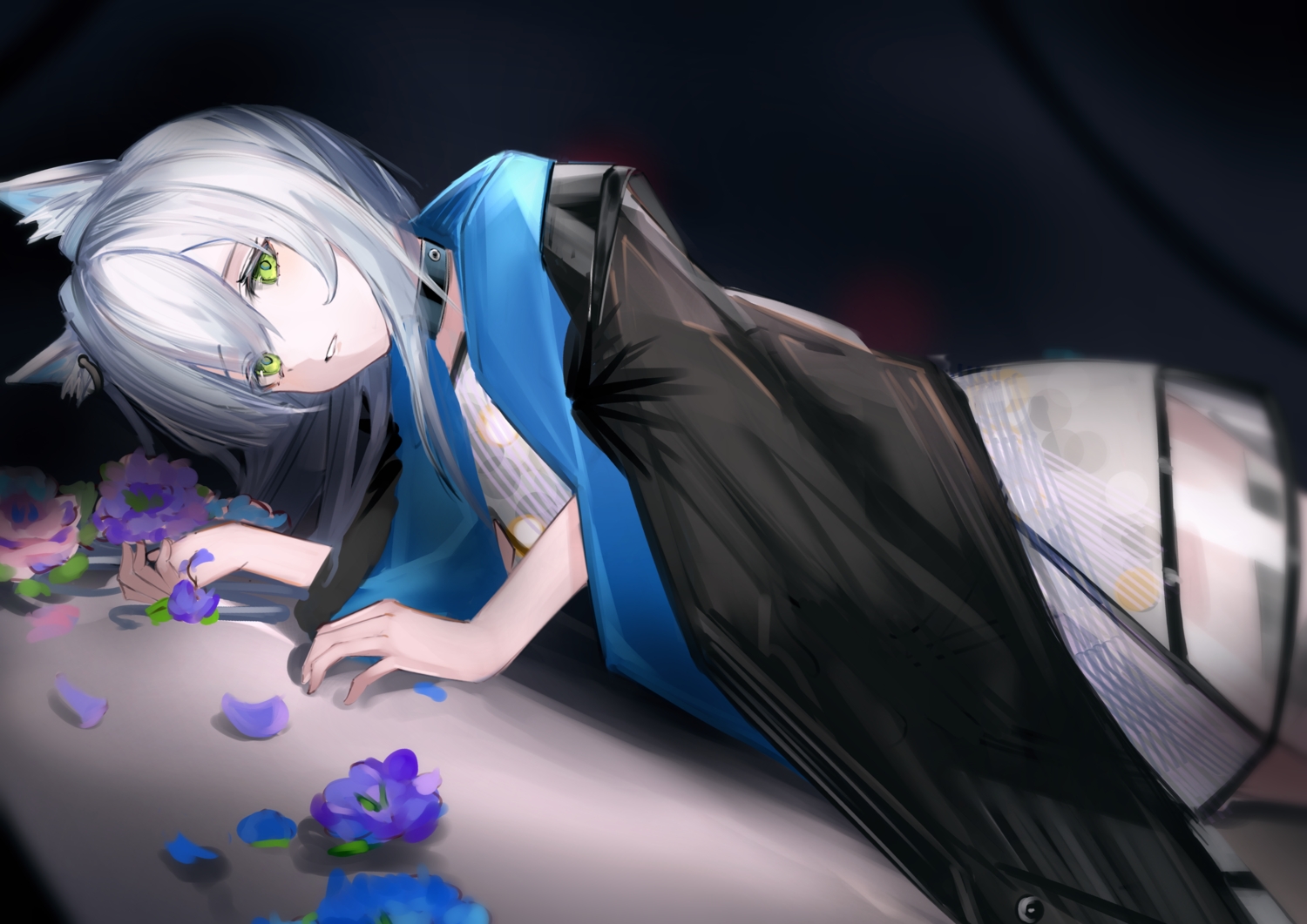 animal_ears, arknights, cape, catgirl, collar, dress, eugle_na, flowers