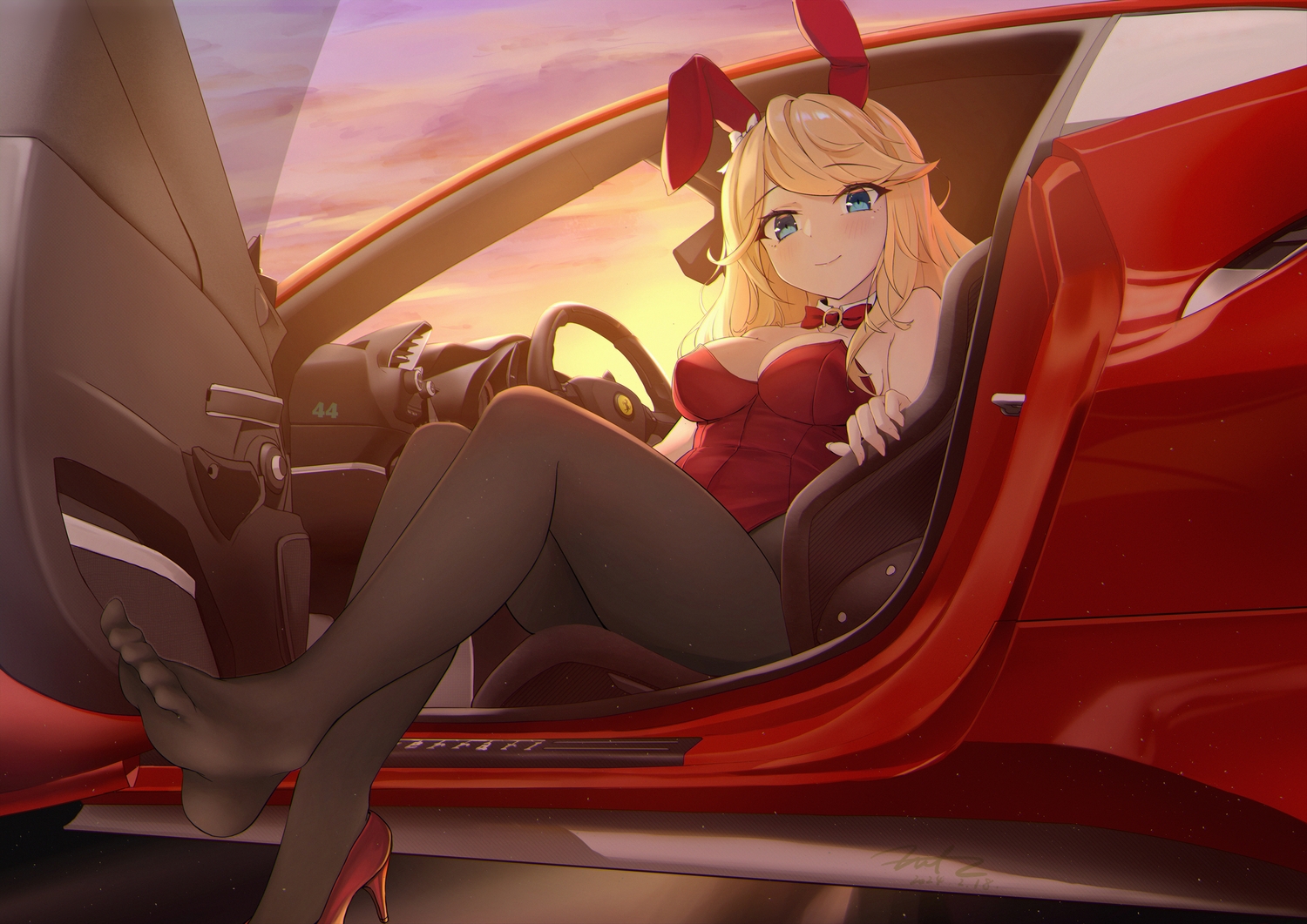 animal_ears, anthropomorphism, blonde_hair, blue_eyes, blush, bow, breasts, bunny_ears