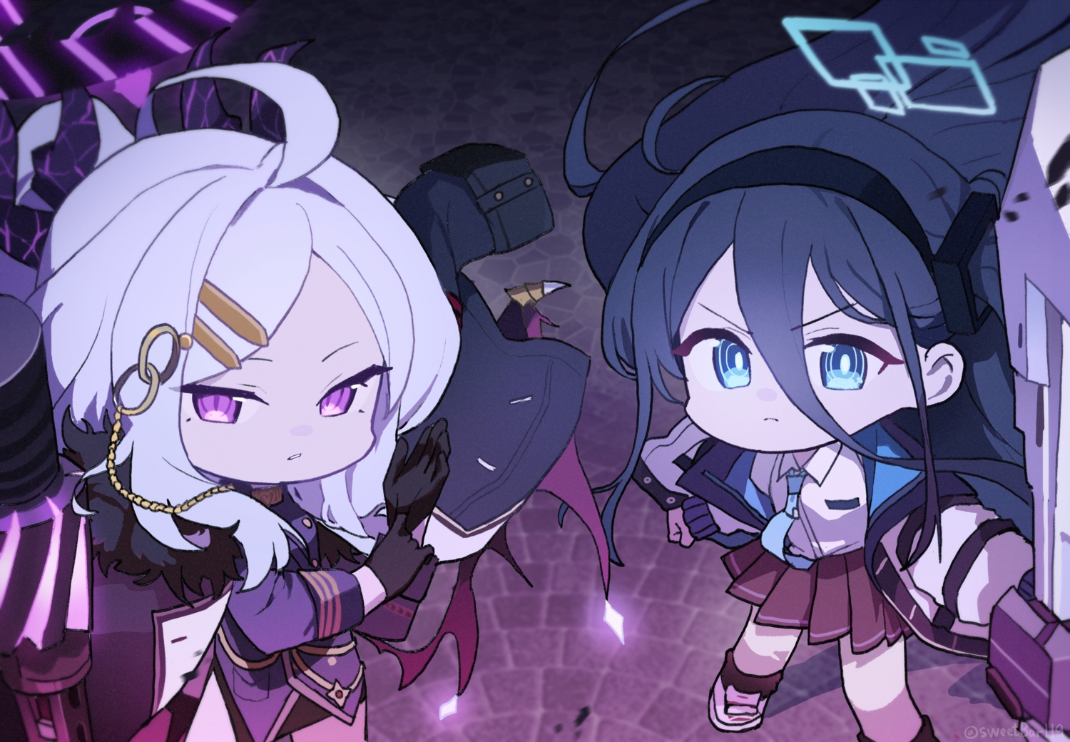 2girls, black_hair, blue_archive, blue_eyes, cape, chibi, close, gloves
