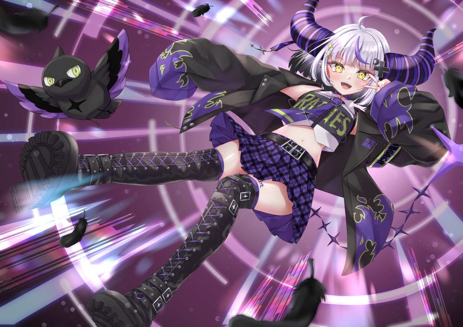 allymidorikawa, animal, bird, blush, boots, choker, demon, feathers