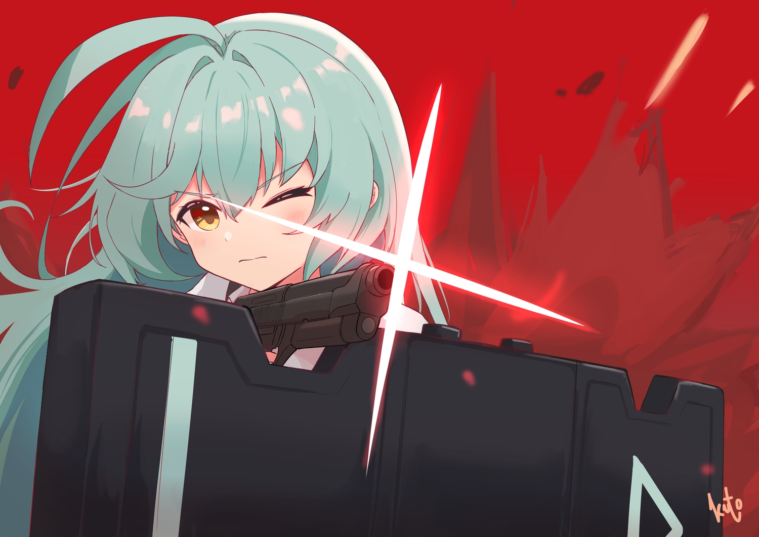 aliasing, aqua_hair, blue_archive, blush, close, gun, kuchinashi_yume, long_hair, red, rikotch07, shirt, signed, weapon, wink, yellow_eyes