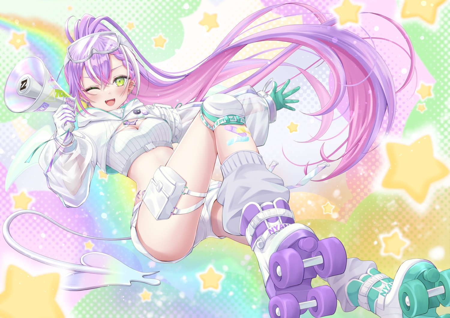 allymidorikawa, bandaid, blush, braids, breasts, cleavage, fang, garter, gloves, goggles, green_eyes, hololive, hood, long_hair, navel, ponytail, purple_hair, rainbow, see_through, shirt, shorts, stars, tail, tattoo, tokoyami_towa, wink