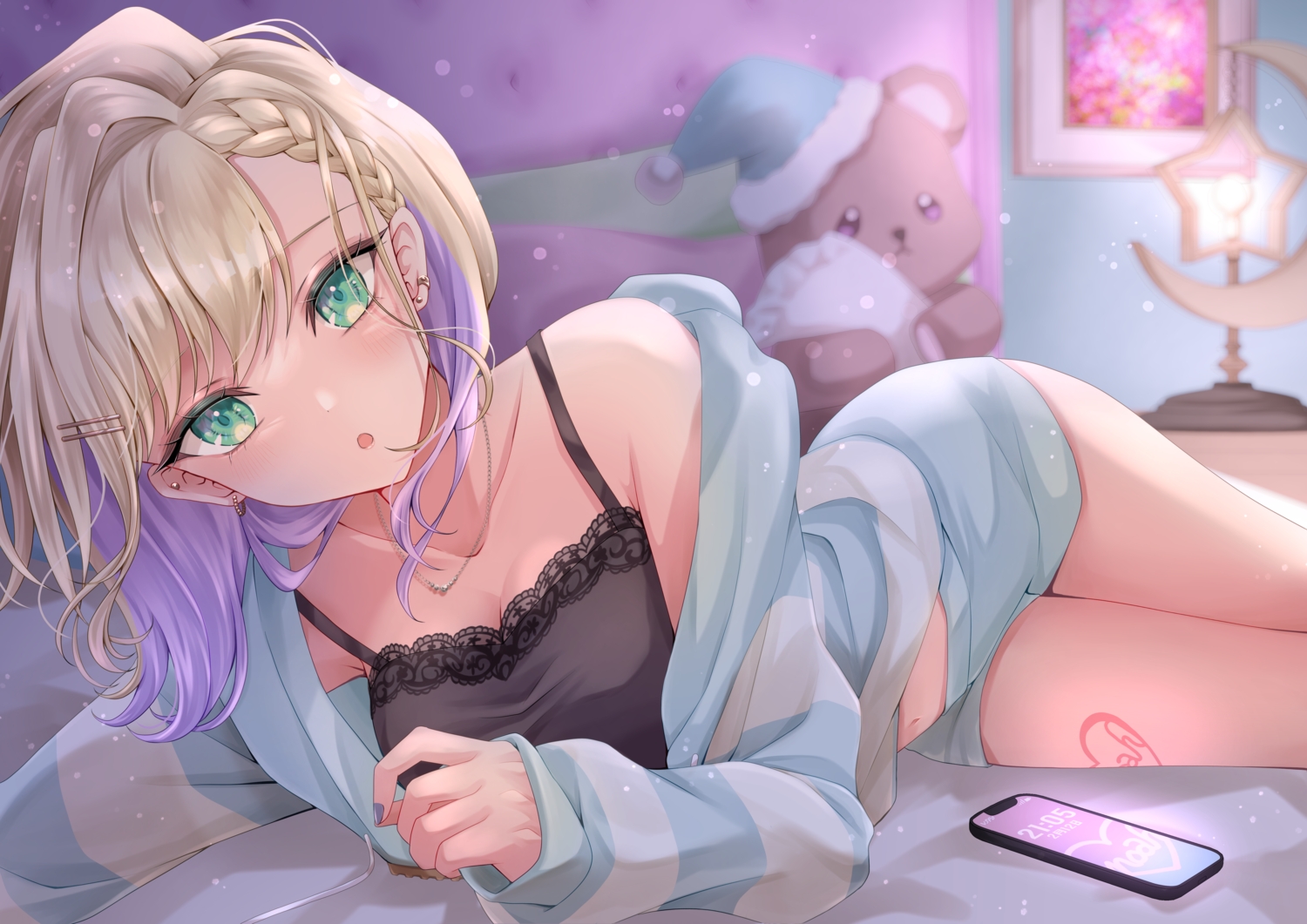 allymidorikawa, bed, blonde_hair, blush, braids, breasts, cleavage, close