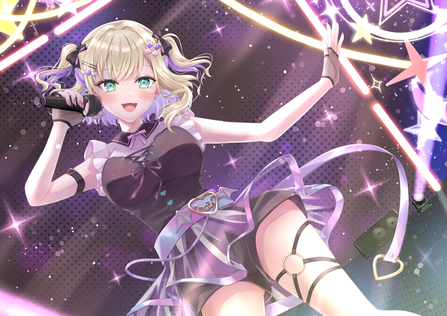 aliasing, allymidorikawa, blonde_hair, blush, bow, breasts, fang, garter