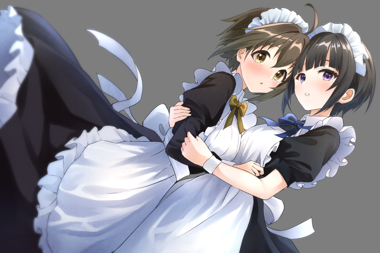 2girls, b1ack_illust, black_hair, blush, bow, brown_eyes, brown_hair, headdress, hug, idolmaster, idolmaster_cinderella_girls, kohinata_miho, maid, purple_eyes, shirayuki_chiyo, short_hair, shoujo_ai, transparent