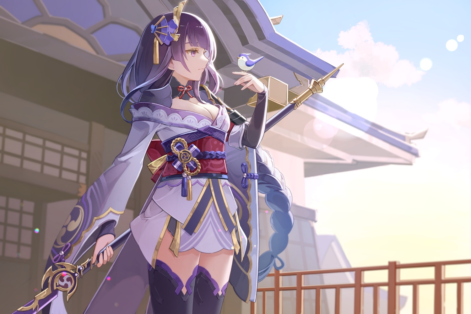 animal, bird, braids, breasts, building, choker, cleavage, clouds, genshin_impact, japanese_clothes, long_hair, ludwig_(user_aewg2872), ponytail, purple_eyes, purple_hair, raiden_shogun, sky, spear, thighhighs, weapon, zettai_ryouiki
