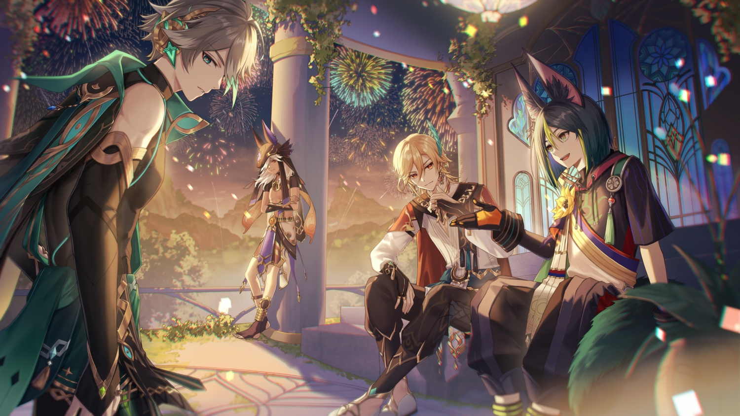 alhaitham_(genshin_impact), all_male, animal_ears, black_hair, blonde_hair, brown_hair, cape, cyno_(genshin_impact)
