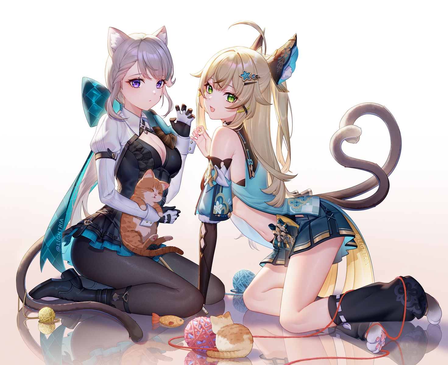 2girls, animal, animal_ears, blonde_hair, boots, bow, breasts, cat